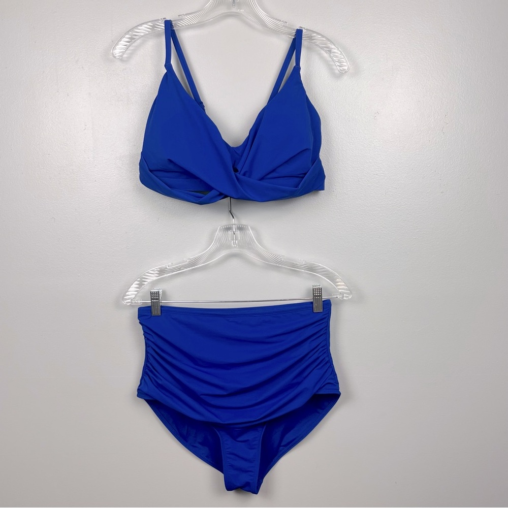 Popilush blue ruched high rise 2 piece bikini set, size large.